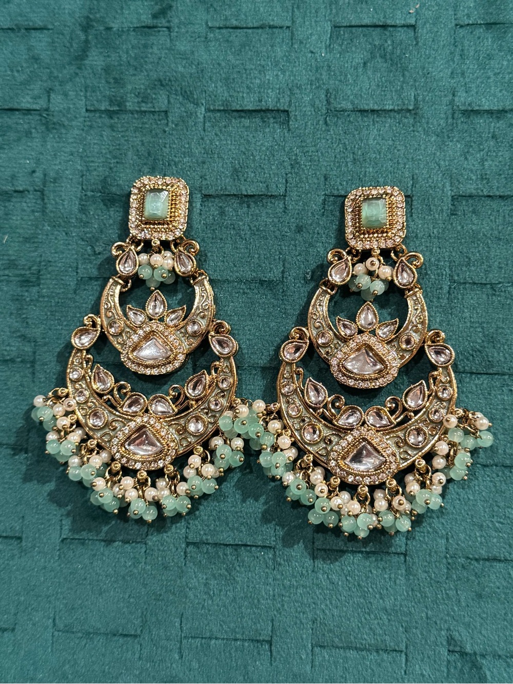 Fashion Jewelry Gold-Tone Kundan Earrings with Mint Green Beads